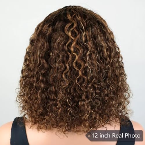 Highlight Honey Blonde Short Curly Bob Brazilian Human Hair Wigs With Bangs Ombre 4T27 Color Short Pixie Cut Bob Curly Wave Deep Wave Wigs 13X4 HD Transparent Lace Human Hair Wigs For Women 150% D - Image 5