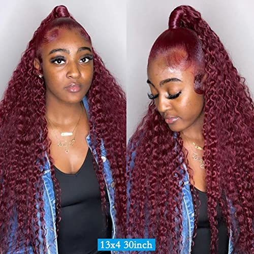 Preplucked Full 150% Density Kinky Curly Glueless Lace Front Human Hair Wigs Burgundy #99J Dark Red 18inch Ear to Ear Lace Frontal Human Hair Wigs with Baby Hair - Image 5