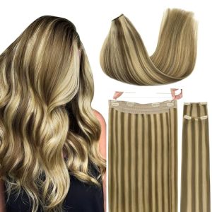 GOO GOO Wire Hair Extensions Real Human Hair, 16inch 125g Medium Brown Highlighted Blonde, Invisible Wire Hair Extensions with Transparent, Seamless Fish Line Hairpiece, Straight Remy Hair Extensions