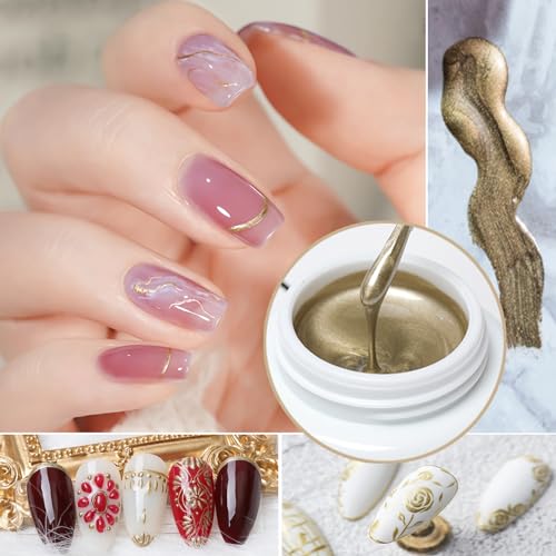 Metallic Painting Nail Polish Gel, Mirror Painting UV Gel Polish, 3D Gold Silver Nail Art Painting Liner, Chrome Gel Nail Polish Glossy UV/LED DIY Nail Manicure (Gold) - Image 4