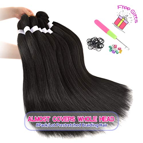 8 Pack Braiding Hair Pre Stretched - 26" 100G/Pack Premium Kanekalon Pre Stretched Braiding Hair Extensions, Professional Itch Free Hot Water Setting Perm Yaki Texture Prestretched Braiding Hair(1B) - Image 4