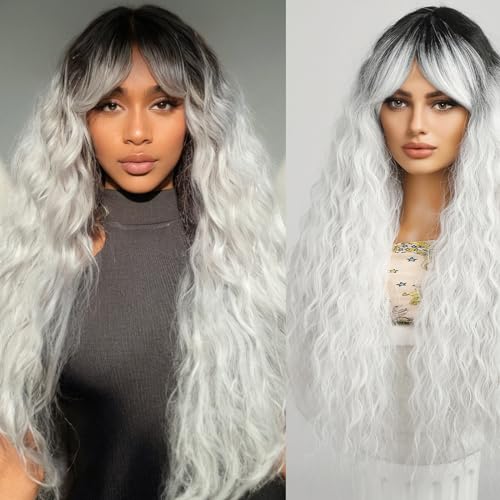 Allbell Long White Wigs for Women Curly Wigs with Bangs Heat Resistant Natural Synthetic Cosplay Wavy Wigs with Black Roots