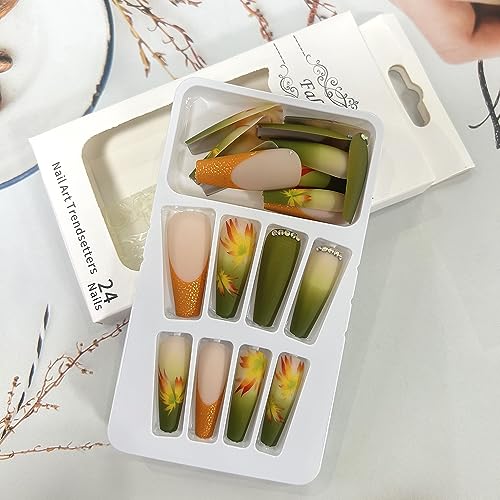 Fall Thanksgiving Press on Nails Long Square Artificial Acrylic Fake Nails with Maple Leaf Rhinestones Design Full Cover Reusable Glossy French False Nails Women DIY Glue on Nails Manicure for Set - Image 6