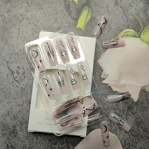 24Pcs Halloween Press on Nails Long Fake Nails Black Spider Web French Tip False Nails Cute Ghost Spider Star Moon Nails Design Halloween Glue on Nails Full Cover Square Acrylic Nails Kit for Women - Image 4