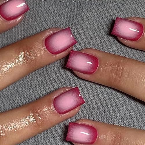 24Pcs Short Press on Nails Ballet Shape Fake Nails Coffin False Nails with Pink Blush French Designs Rose Red Acrylic Glossy Nails Artificial Full Cover Glue on Nails for Women Girls Summer Manicure