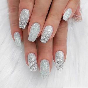 Press on Nails Medium Coffin SWEKKE Fake Nails Gray Full Cover Pink Gradient False Nails with Designs Gray Glitter Glue on Nails Glossy Stick on Nails Artificial Acrylic Nails for Women Girls 24 Pcs