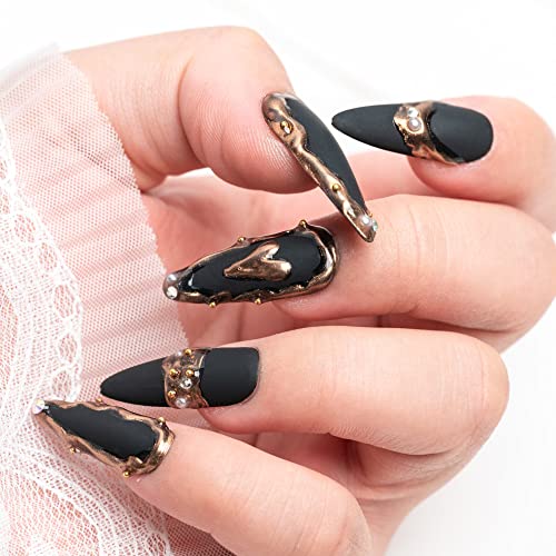 Sun&Beam Handmade Long Almond Stiletto Black Press On Nails with 3D Gold Charms, 10 Pcs - Image 3