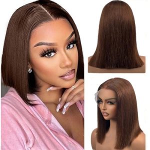 Bob Wig Human Hair 13x4 HD Lace Front Bob Wigs 10 Inch Chocolate Brown Short Bob Wigs Human Hair 180% Density Glueless Bob Wigs Human Hair Pre Plucked