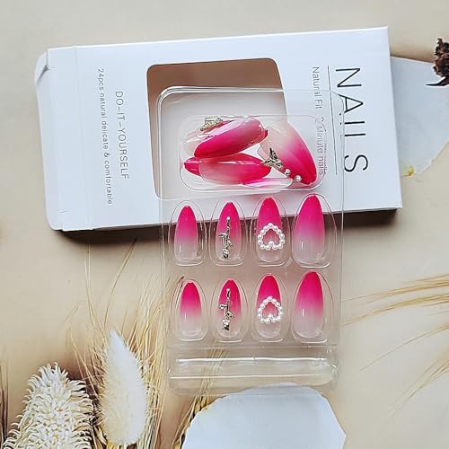 24 Pcs Red Ombre Press on Nails Short Stiletto Almond - YEFIUO Winter Fake Nails Press ons French Nail Tip with Nail Charms Rose Design Full Cover Festive False Nails Glue on Nail Acrylic Nail Art Kit - Image 4