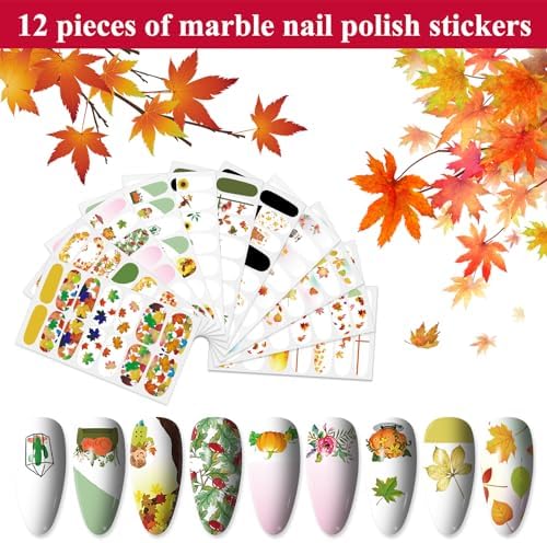 YECIRALA 12 Sheets Maple Leaf Nail Stickers for Women Gel Nails Strips Fall Leaf Nail Polish Stickers Full Nail Wraps Stick On Nails for Women Nail Polish Strips Nail Gel Strips with Nail File - Image 2