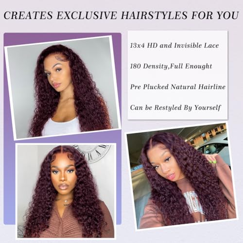 Dark Burgundy Curly Lace Front Wig Human Hair 13x4 Deep Purple HD Lace Front wig Pre Plucked with Baby Hair 150% Density Dark Purple Deep Wave Lace Front Wigs Brazilian Human Hair for Women(28Inch) - Image 5