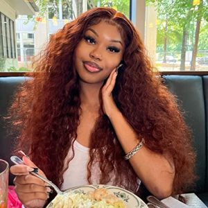 KLAIYI Reddish Brown Water Wave 13x4 HD Transparent Lace Front Wigs Human Hair for Women 150% Density 10A Brazilian Virgin Human Hair Pre Plucked with Baby Hair Aubur Copper Lace Frontal Wigs 20Inch