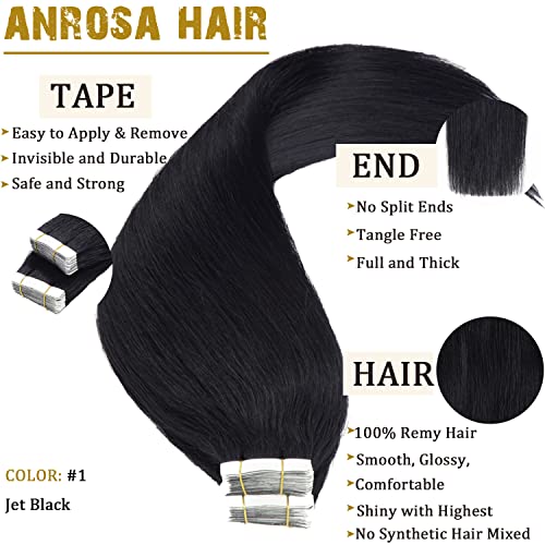 Anrosa Tape in Hair Extensions 16 Inch Double Sided Tape in Jet Balck Color Seamless PU Remy Hair Extension Brazilian Hair 50 Gram 20 Pcs Tape In Extensions Human Hair - Image 2