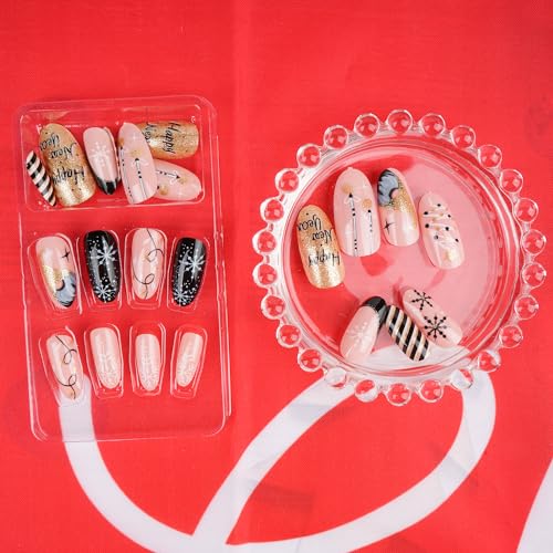 24 Pcs Medium Almond Press on Nails for Christmas, Snowflake Black White Stripes Gold Glitter - Image 4