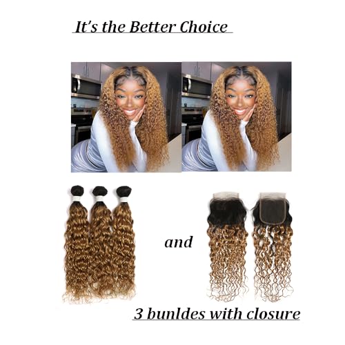 X-TRESS 3 Bundles(10+12+14) Ombre Curly Blonde Human Hair Bundles Honey Blonde and Black Bundles Brazilian Remy Virgin 100% Human Hair Weave Color #1b27 Water Wave Bundles (10 12 14) - Image 6