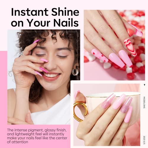 Modelones 4 Color Dip Powder Nail Kit Starter Set Light Hot Pink Glitter and Essential Liquids - Image 3