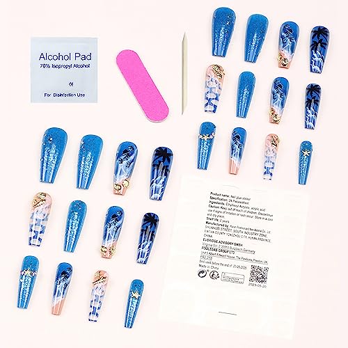 Super Long Press on Nails Coffin Fake Nails Summer Light Blue Nails Press on False Nails with Glitter 3D Gold Sea Ocean Wave Coconut Tree Shell Conch Design for Women Girls DIY Nail Charms Decorations - Image 6