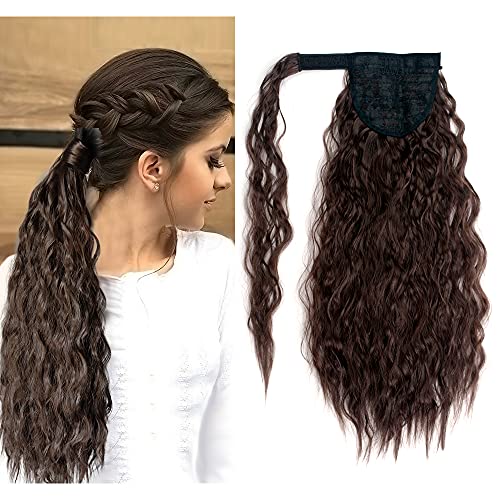 22'' Kinky Straight Ponytail Synthetic Fiber Wrap Around Ponytail Clip in Hair Extensions Ponytail for Women Brown Black