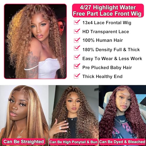 34inch Water Wave P4/27 Highlight 13x4 HD Transparent Lace Front Wigs Ombre Human Hair Wet and Wavy Curly Glueless Lace Frontal Wigs Pre Plucked with Baby Hair 180% Density - Image 3