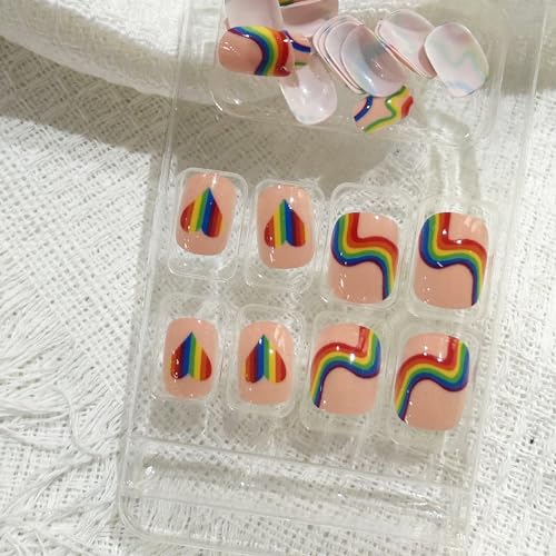 24Pcs Valentine Day Press on Nails Short Square Fake Nails Rainbow Stripes Hearts Colorful Glue on Nails Petite Reusable Acrylic Nails for Women Girls Gay Valentines False Nails - Image 3