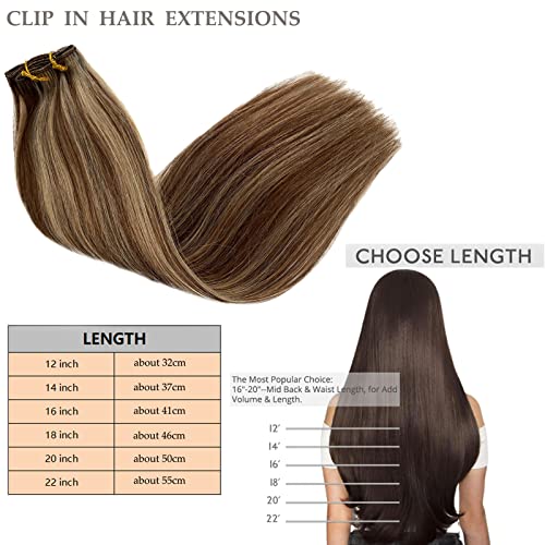 Real Hair Extensions,OiMiGO Ombre Brown to Blonde Human Hair Clip in Extensions Two Tones Highlight Straight Hair Extension for Women,Full Head Thick Hair Extension (#4/18,14Inch) - Image 5