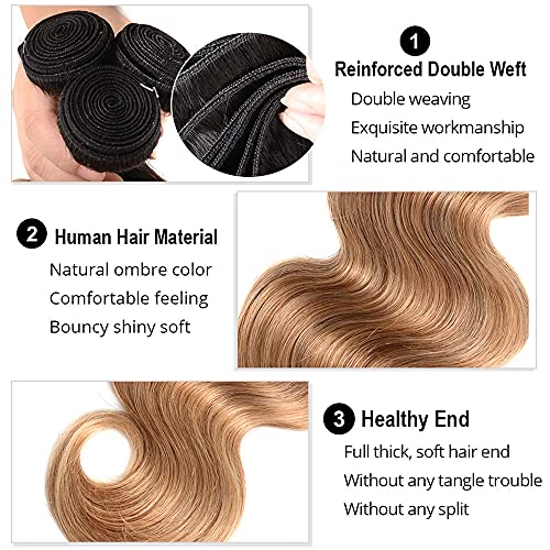 1B27 Bundles Ombre Body Wave Human Hair Bundles Brazilian Unprocessed Virgin Hair 3 Bundles 12 14 16 Inch Two Tone Black To Honey Blonde Bundles Human Hair Ombre Bundles Hair Weave - Image 3