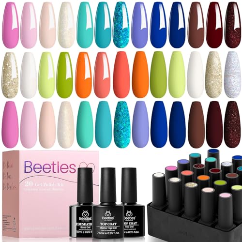 beetles Gel Polish Nail Set 23 Pcs 20 Colors Ocean World Collection White Glitter Purple Green Nude Blue Manicure Kit with Base Glossy and Matte Top Coat Uv Led Nail Lamp
