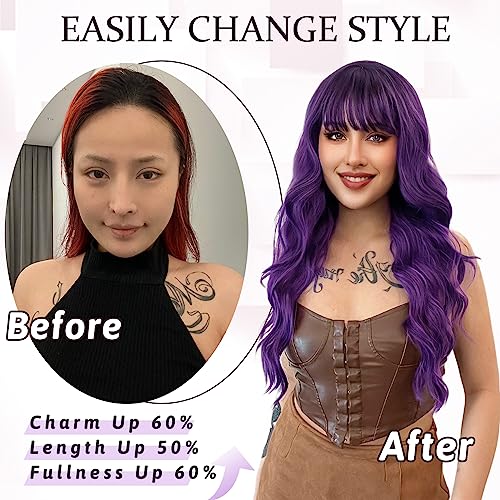 NAYOO Long Purple Wigs with Bangs for Women Curly Wavy Hair Wigs Heat Resistant Synthetic Fiber Wigs for Daily Party Use 26 Inches (Ombre Purple) - Image 4