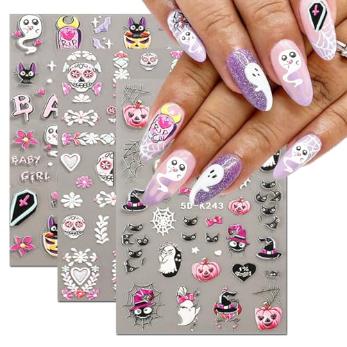 Halloween Nail Art Stickers 5D 3 Sheets Skull Spider Web Ghost Pumpkin Designs for Women - Image 3