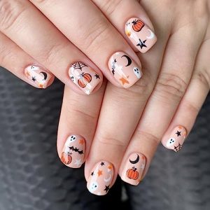 Halloween Press on Nails Short Square Fake Nails Cute Pumpkin Spider Star Moon Full Cover Stick on Nails Halloween Ghost False Nails Nude Pink Acrylic Nails Glossy Static Nails for Women DIY 24Pcs