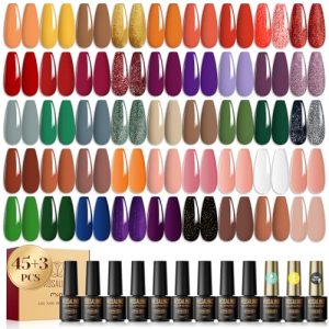 ROSALIND 48PCS Gel Nail Polish Set, 45 Colors Fall Gel Polish Brown Orange Reflective Glitter Gel Polish Starter Set with Matte & Glossy Gel Top Base Coat Manicure Gift for Women