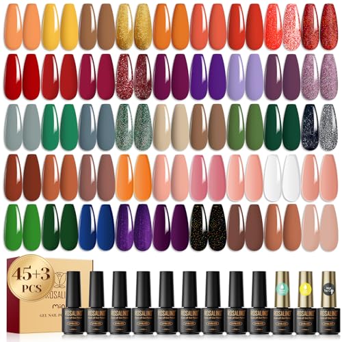 ROSALIND 48PCS Gel Nail Polish Set, 45 Colors Fall Gel Polish Brown Orange Reflective Glitter Gel Polish Starter Set with Matte & Glossy Gel Top Base Coat Manicure Gift for Women