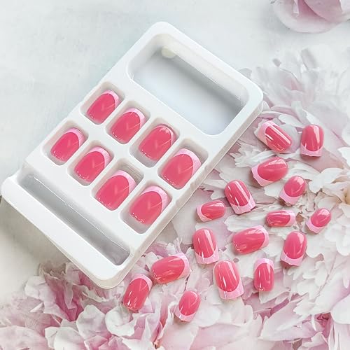 French Tip Press on Nails Square Fake Nails Pink Press on Acrylic Nails Glossy Square Glue on Nails Short False Nails with Designs Solid Color Stick on Nails Extra Short Static Nails for Women Girls - Image 3