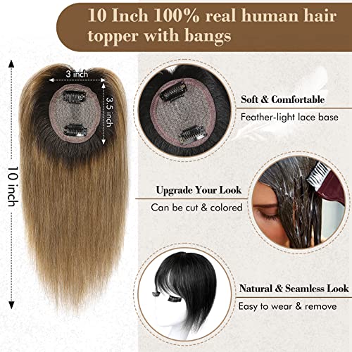 REECHO Hair Toppers for Women Real Human Hair, Hair Toppers with Bangs, Topper Hair Pieces for Women with Thinning Hair, Clip In Hair Topper Top Hair Extensions 10 Inch - Ombre Ash Blonde - Image 3