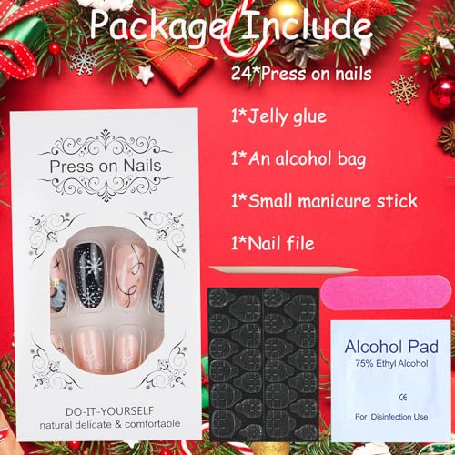 24 Pcs Medium Almond Press on Nails for Christmas, Snowflake Black White Stripes Gold Glitter - Image 6