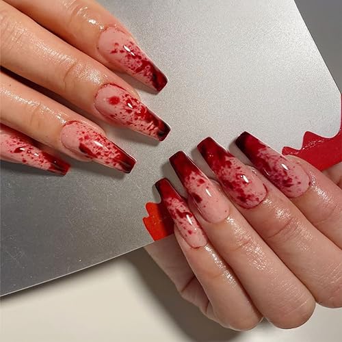 Halloween Press on Nails Long Coffin Fake Nails Blood Pattern False Nails Horror Holiday Acrylic Nails Glossy Glue on Nails Stick on Nails for Women Girls Halloween Nail Decorations 24Pcs - Image 2