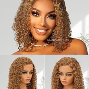 14 Inch Honey Blonde Human Hair Glueless Lace Front Wig Deep Wave Bob 180 Density