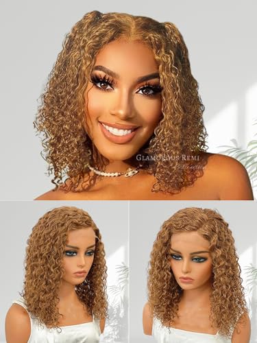 14 Inch Honey Blonde Human Hair Glueless Lace Front Wig Deep Wave Bob 180 Density