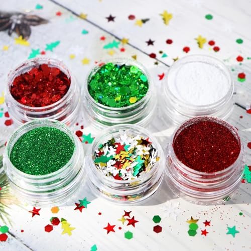Christmas Nail Glitters Christmas Tree Snowflakes Nail Sequins Red Green Mixed Xmas Designs Powder Hexagon Chunky Glitter Flakes Nail Art Glitter Christmas Nail Accessories for DIY Nail Craft - Image 7