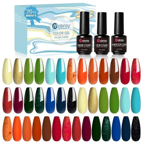 Mobray 23 Pcs Gel Nail Polish Kit, 20 Colors Gel Nail Polish Set Nail Gel Polish Set Soak Off U v Nail Gel Gift for Women (20+3set -1)