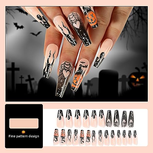 24 Pcs Halloween Press On Nails Coffin Long Black Flame French Fake Nails Horror Pumpkin Designs False Nails Full Cover Glossy Glue On Nails Ballerina Acrylic Nails For Women Girls Nail Art Decoration - Image 5