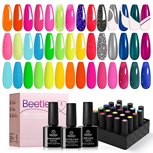Beetles 20 Colors Gel Art Kit with 3Pcs Base Gel Glossy Top Coat and Nail Glue 7Pcs Mirror Effect Metal&6 Colors Holographic Glitter Cat Eye Gel Polish Kit with Magnet Romantic - Image 2