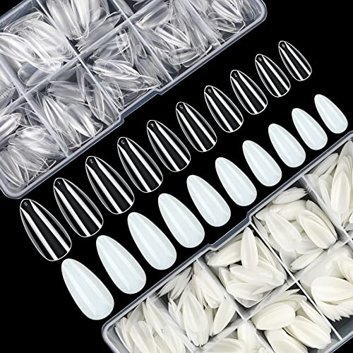 FEBSNOW 1000Pcs Almond Shaped Nail Tips Acrylic Nails Artificial Full Cover False Flake Nail Tips 10 sizes with Clear Plastic Cases for Nail Salon Nail Shop DIY Nail Extension Nail Art(Clear Natural)