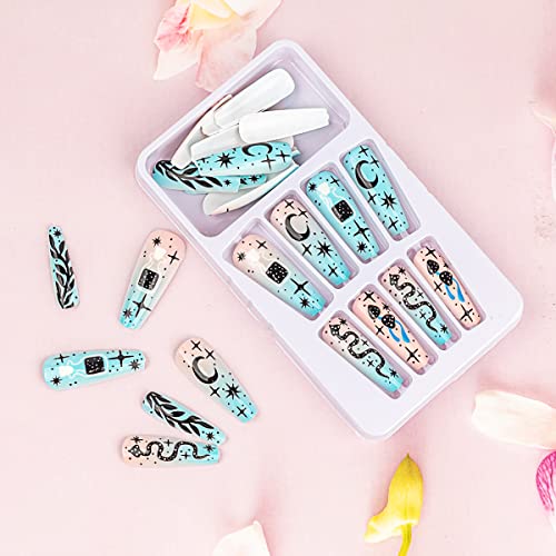 24 Pcs Press on Nails Extra Long Coffin Fake Nails with Cartoon Stars and Moon Design Designs False Nails and Cute Blue Snake Pattern Ballet Cartoon Stick on Nails Matte Acrylic Nails for Women - Image 5