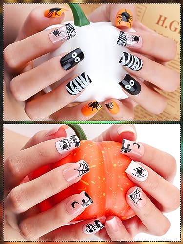 96 Piece Halloween Long Press-On Nails Set with Skull and Pumpkin Designs - Image 4