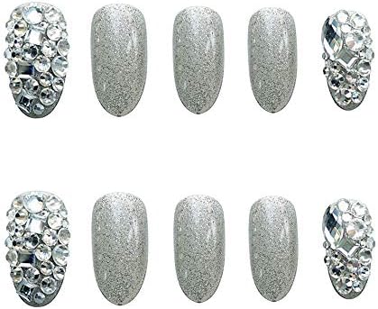 Xerling Bling Silver Glitter Oval Press On Nails with Rhinestones for Women 24 Pcs - Image 2