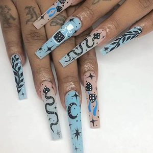 24 Pcs Press on Nails Extra Long Coffin Fake Nails with Cartoon Stars and Moon Design Designs False Nails and Cute Blue Snake Pattern Ballet Cartoon Stick on Nails Matte Acrylic Nails for Women