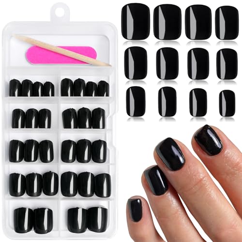 120pcs Glossy Black Short Square Press on Nails with Adhesive Tabs for Women and Girls