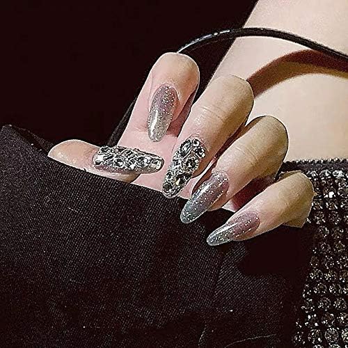Xerling Bling Silver Glitter Oval Press On Nails with Rhinestones for Women 24 Pcs