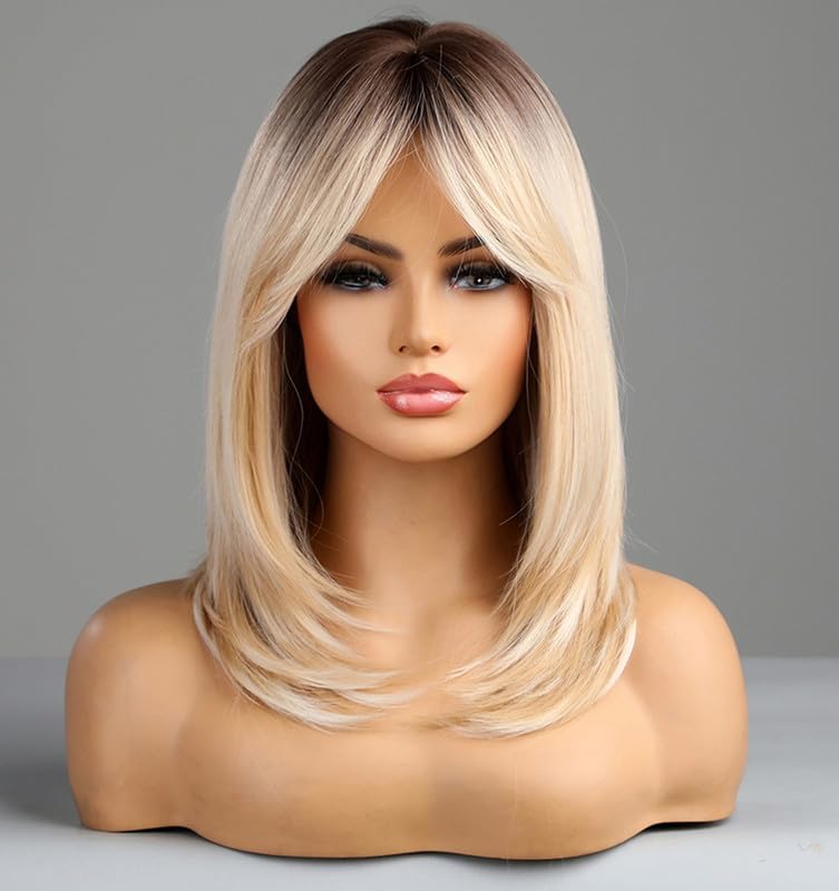 Honey Blonde Wigs with Bangs, Ombre Brown to Blonde Synthetic Hair Wig, Middle Part Shoulder Length Part Natural Straight Wigs for Women, VEDAR-163 - Image 2